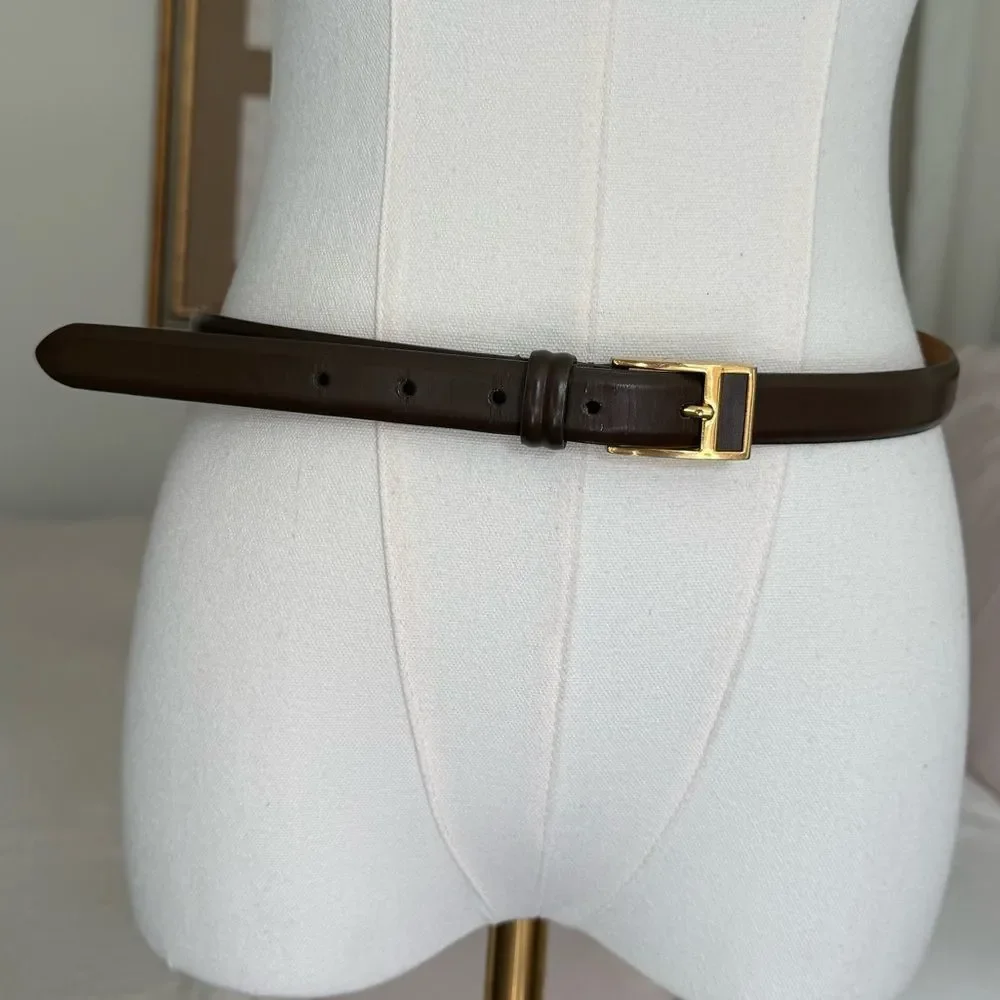 talbots brown leather skinny belt gold buckle minimalist classic italy made
